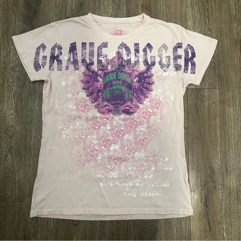 Y2K affliction style Women’s Grave Digger Tee Green and Pink Color way size XL